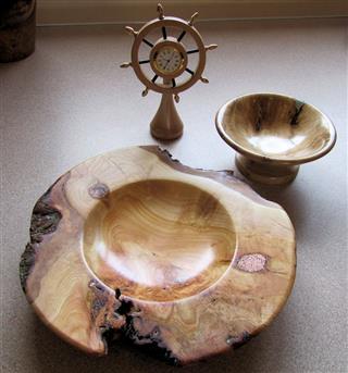 Three pieces by Bill Burden. The big bowl won turning of the month certificate